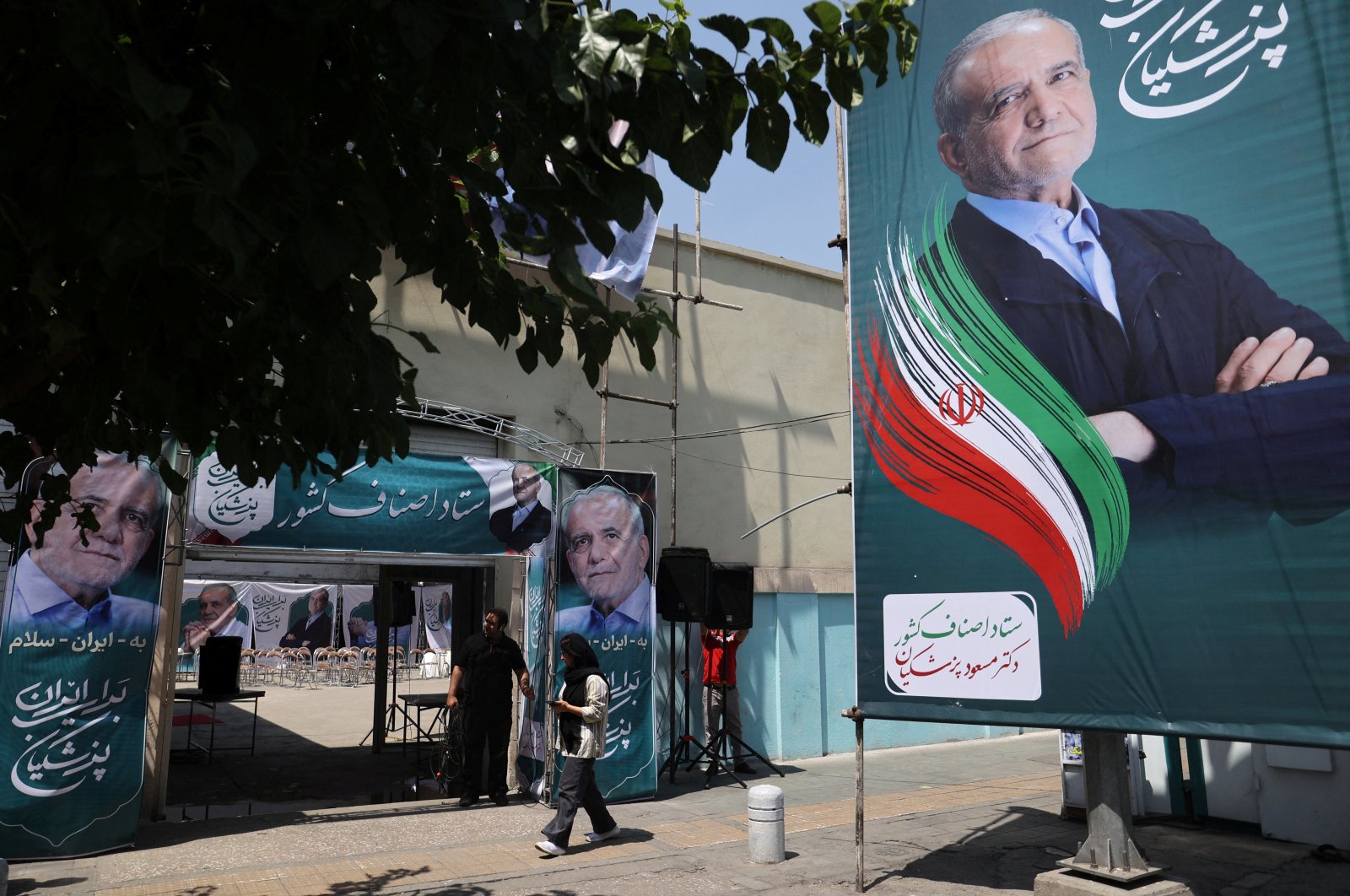 A banner of presidential candidate Masoud Pezeshkian is displayed at a campaign center in Tehran, Iran, June 26, 2024. (Reuters Photo)