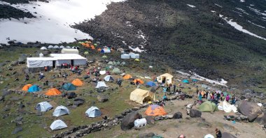 Climbers from around the world create a festive atmosphere at Mount Ağrı's base camp, eastern Türkiye, June 15, 2024. (AA Photo)