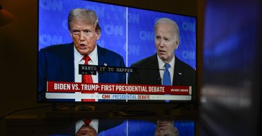 The screen shows a debate between President Joe Biden and presumptive Republican nominee former President Donald Trump, Chicago, U.S., June 27, 2024. (AA Photo)
