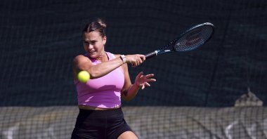 Belarus&#039; Aryna Sabalenka attends a training session ahead of the Wimbledon Championships, at the All England Lawn Tennis and Croquet Club in Wimbledon, London, U.K., June 26, 2024. (AP Photo)