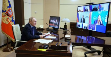 Russian President Vladimir Putin chairs a meeting with members of the Security Council via video link at the Novo-Ogaryovo state residence outside Moscow, Russia June 28, 2024. (Sputnik/Vyacheslav Prokofyev/Pool via Reuters)