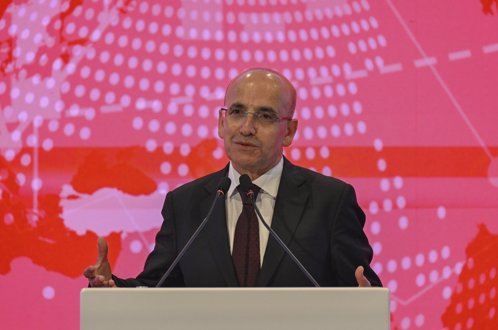 Treasury and Finance Minister Mehmet Şimşek speaks during an event in Istanbul, Türkiye, June 5, 2024. (AA Photo)