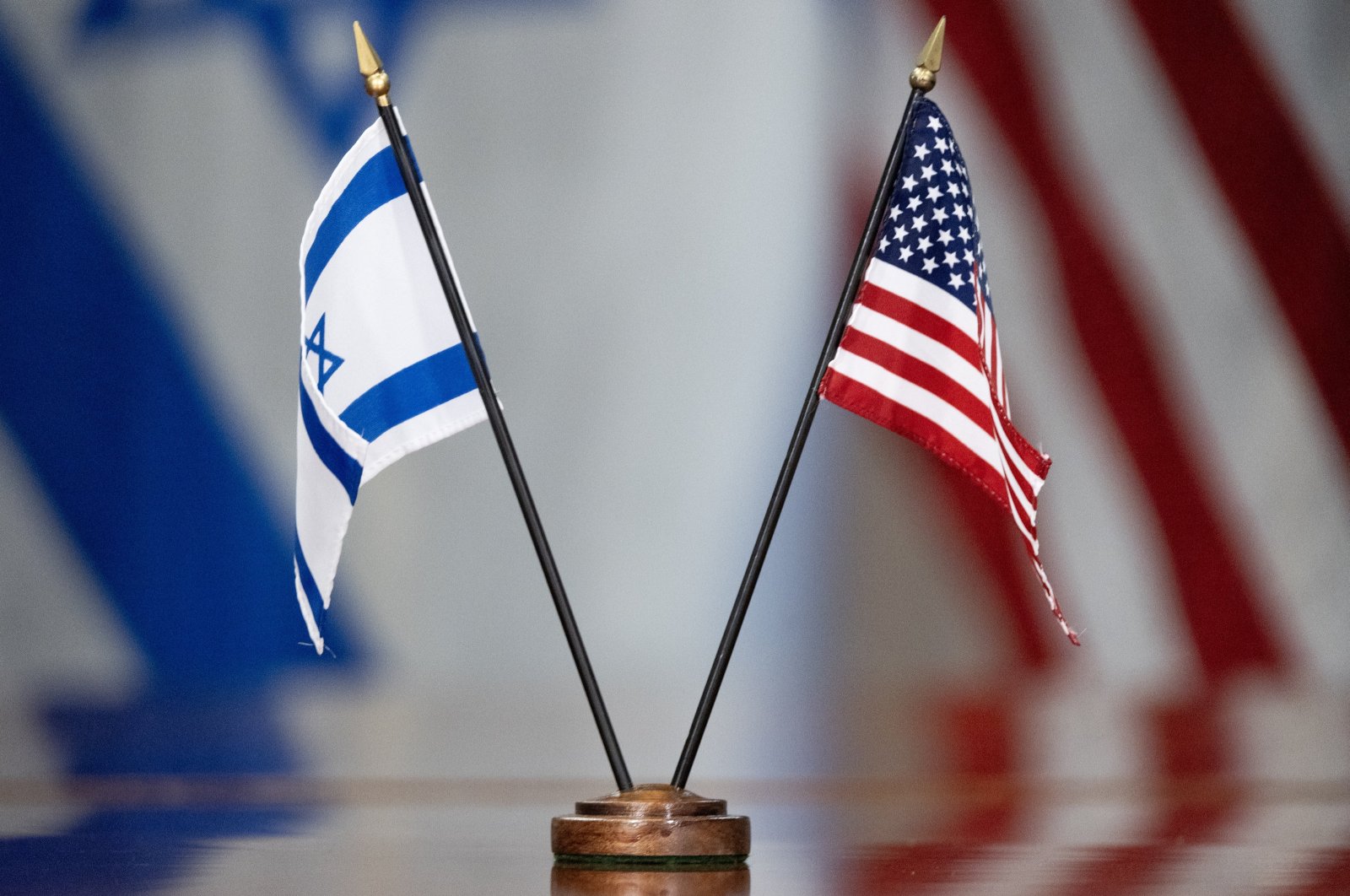 Flags of Israel and the United States are on the table during the meeting of U.S. Secretary of Defense Lloyd Austin and Israeli Defense Minister Yoav Gallant (both not pictured), the Pentagon, Arlington, Virginia, U.S., June 25, 2024. (EPA Photo)