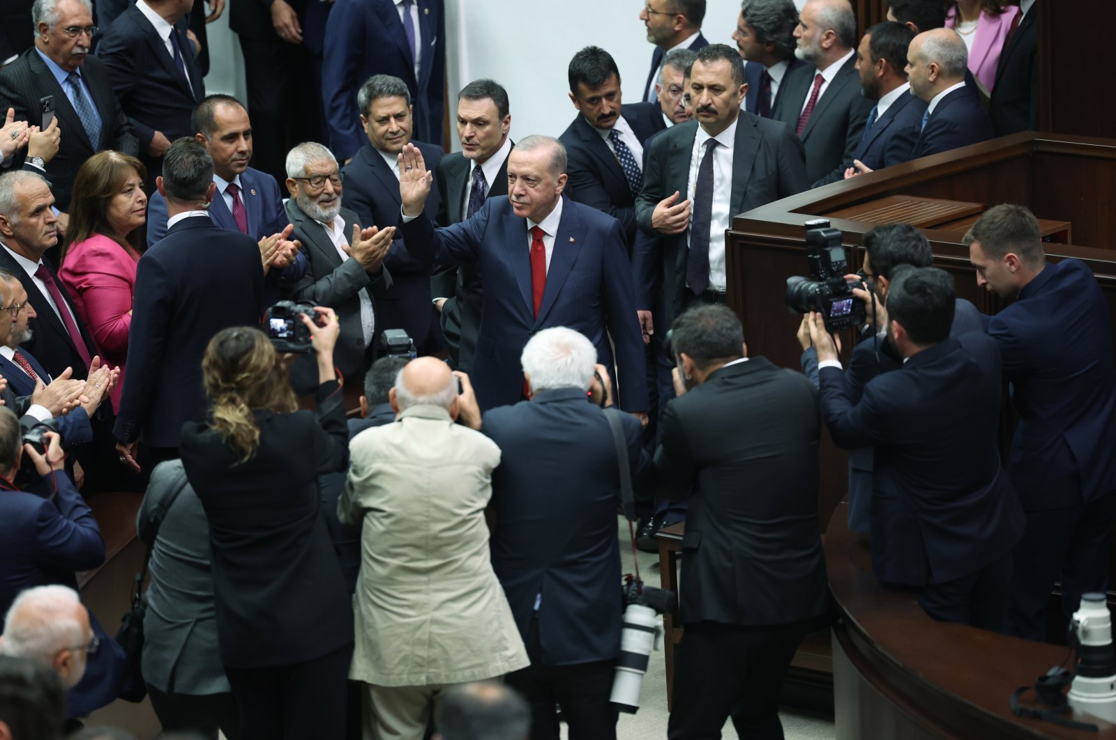 President Recep Tayyip Erdoğan (C) attends the parliamentary meeting of his ruling Justice and Development Party (AK Party) in the capital, Ankara, Türkiye, June 26, 2024. (DHA Photo)