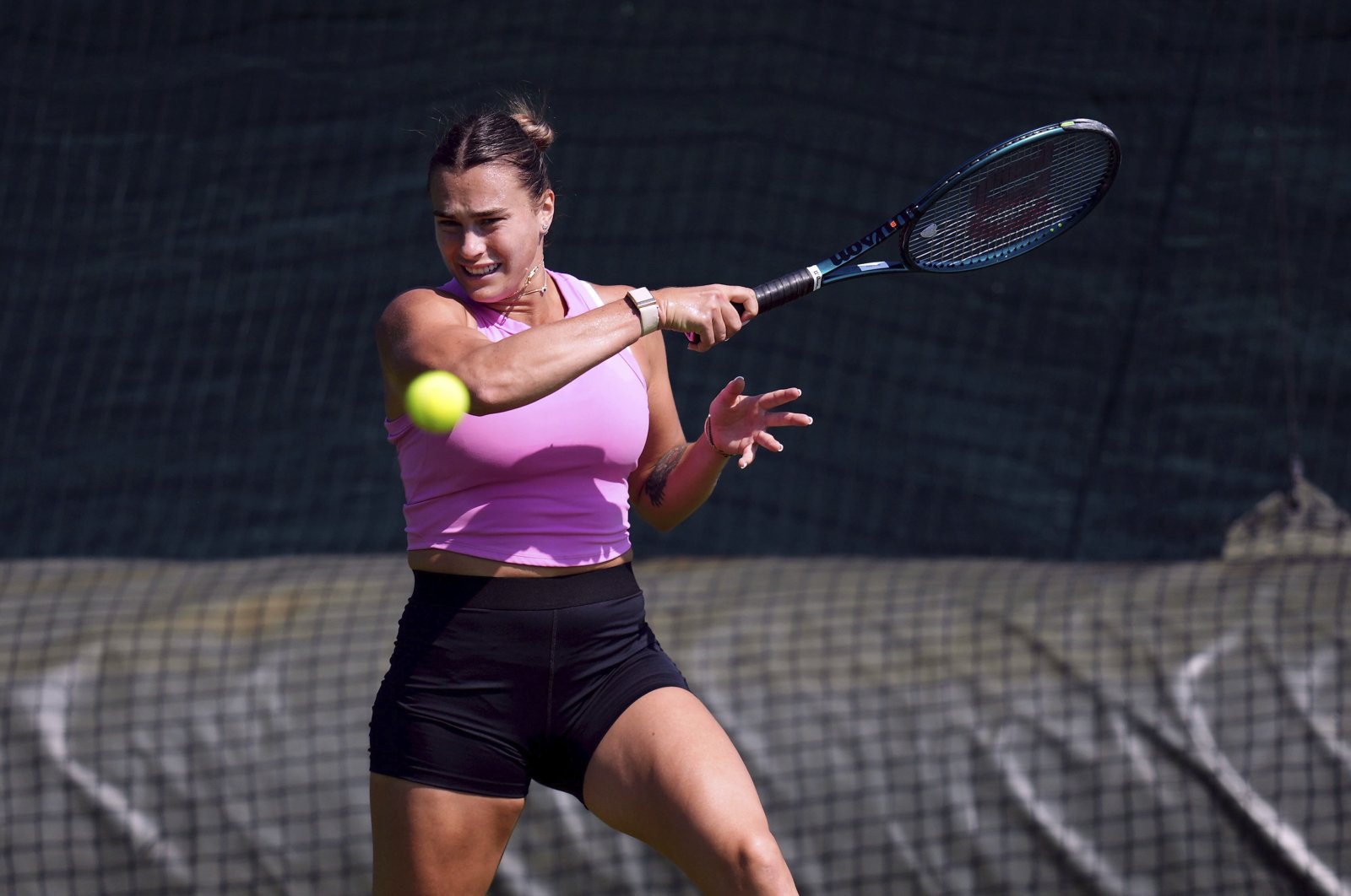 Belarus&#039; Aryna Sabalenka attends a training session ahead of the Wimbledon Championships, at the All England Lawn Tennis and Croquet Club in Wimbledon, London, U.K., June 26, 2024. (AP Photo)