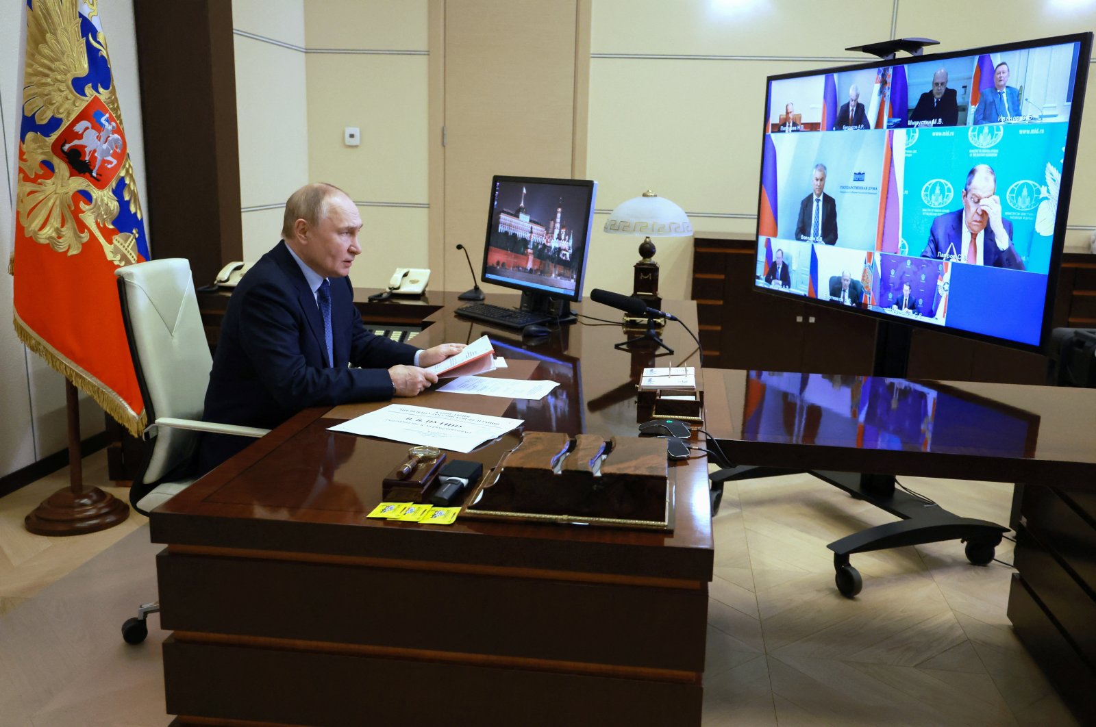 Russian President Vladimir Putin chairs a meeting with members of the Security Council via video link at the Novo-Ogaryovo state residence outside Moscow, Russia June 28, 2024. (Sputnik/Vyacheslav Prokofyev/Pool via Reuters)