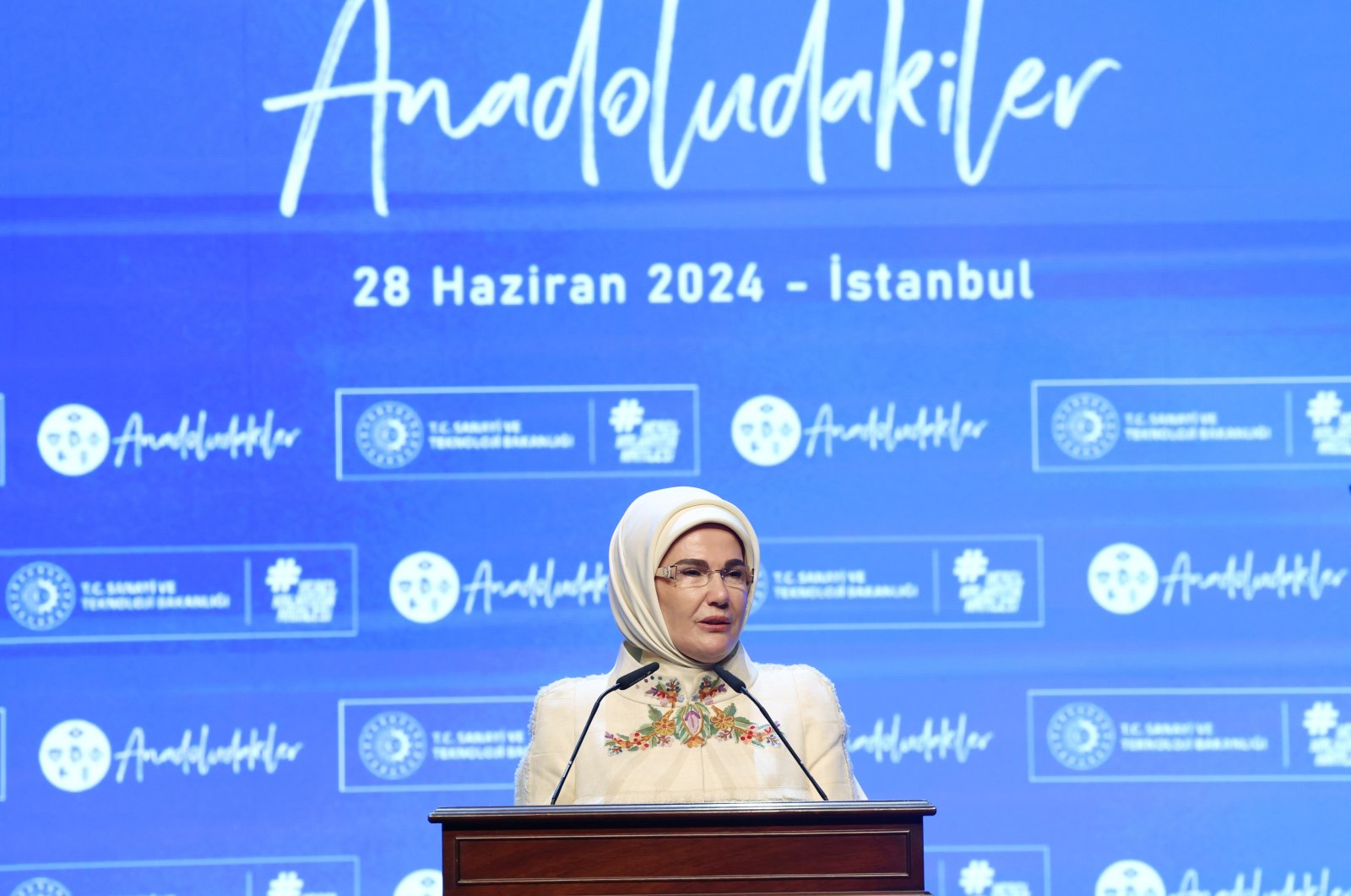First Lady Emine Erdoğan speaks at the inauguration ceremony of the (Anadoludakiler) “Anatolia&#039;s Heritage” project at Atatürk Cultural Center in Istanbul, Friday, June 28, 2024. (IHA Photo)