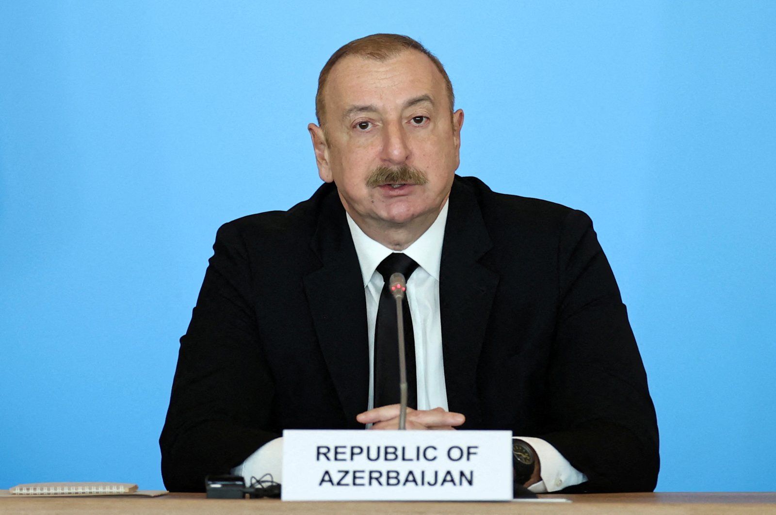 Azerbaijani President Ilham Aliyev delivers a speech at the 10th Southern Gas Corridor Advisory Council Ministerial Meeting and the 2nd Green Energy Advisory Council Ministerial Meeting in Baku, Azerbaijan, March 1, 2024. (Reuters File Photo)