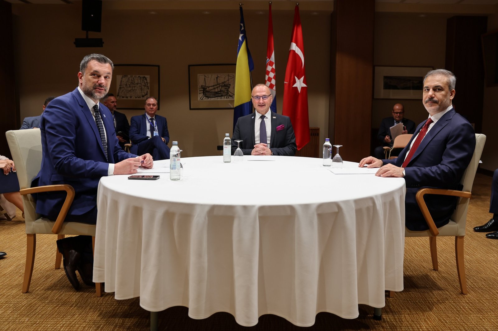 Foreign Minister Hakan Fidan meets with Croatian FM Gordan Grlic Radman and Bosnian FM Elmedin Konakovic in Croatia, June 29, 2024. (AA Photo)