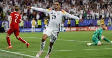 Germany's Jamal Musiala celebrates scoring in a Euro 2024 match against Denmark, Dortmund, Germany, June 29, 2024. (Reuters Photo)