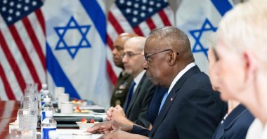 U.S. Secretary of Defense Lloyd Austin (C) speaks during a meeting with Israeli Defense Minister Yoav Gallant at the Pentagon in Washington, DC, U.S., on June 25, 2024. (AFP Photo)