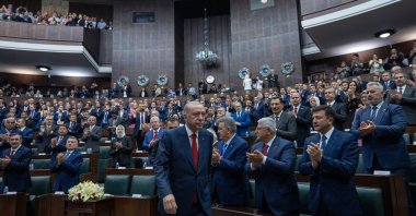 AK Party members applaud President Recep Tayyip Erdoğan at the party&#039;s parliamentary group meeting, Ankara, Türkiye, June 26, 2024. (AA Photo)