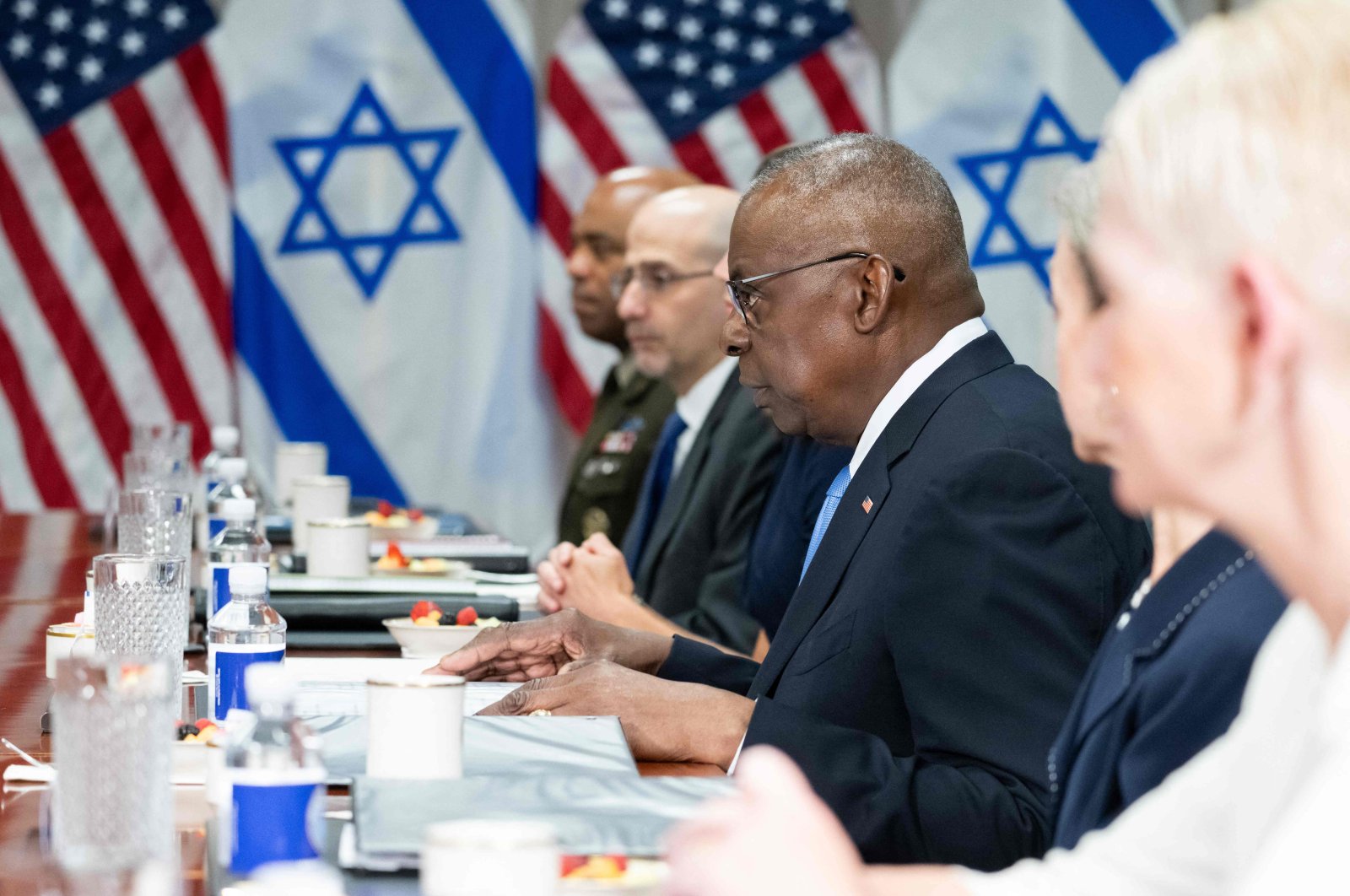 U.S. Secretary of Defense Lloyd Austin (C) speaks during a meeting with Israeli Defense Minister Yoav Gallant at the Pentagon in Washington, DC, U.S., on June 25, 2024. (AFP Photo)