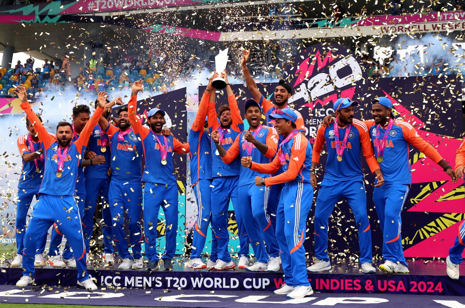 Indian players celebrate with the T20 World Cup trophy, Bridgetown, Barbados, June 29, 2024. (Reuters Photo)