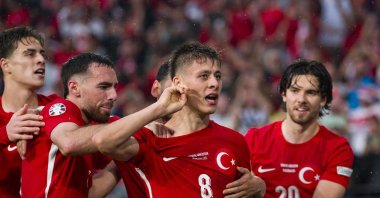 Turkish players celebrate Arda Güler&#039;s (C) goal during the UEFA Euro 2024 group stage match against Georgia at Football Stadium Dortmund, Dortmund, Germany, June 18, 2024. (Getty Images Photo)