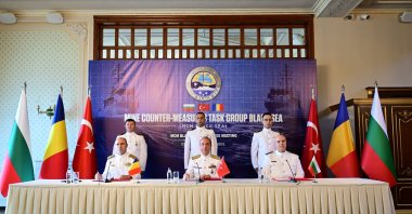 Adm. Ercüment Tatlıoğlu of Türkiye (C), Adm. Kyril Yordanov of Bulgaria (R) and Adm. Mihai Panait of Romania attend the meeting in Istanbul, Türkiye, July 1, 2024. (AA Photo)