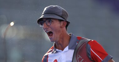Türkiye&#039;s Mete Gazoz celebrates victory in the archery Men&#039;s Individual gold medal match against Mauro Nespoli of Team Italy on day eight of the Tokyo 2020 Olympic Games at Yumenoshima Park Archery Field, Tokyo, Japan, July 31, 2021. (Getty Images Photo)