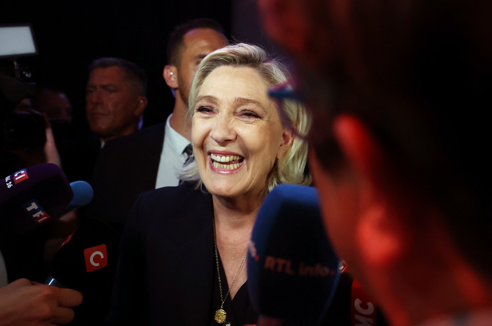 French far-right leader Marine Le Pen speaks to journalists in Henin-Beaumont, France, June 30, 2024. (Reuters Photo)
