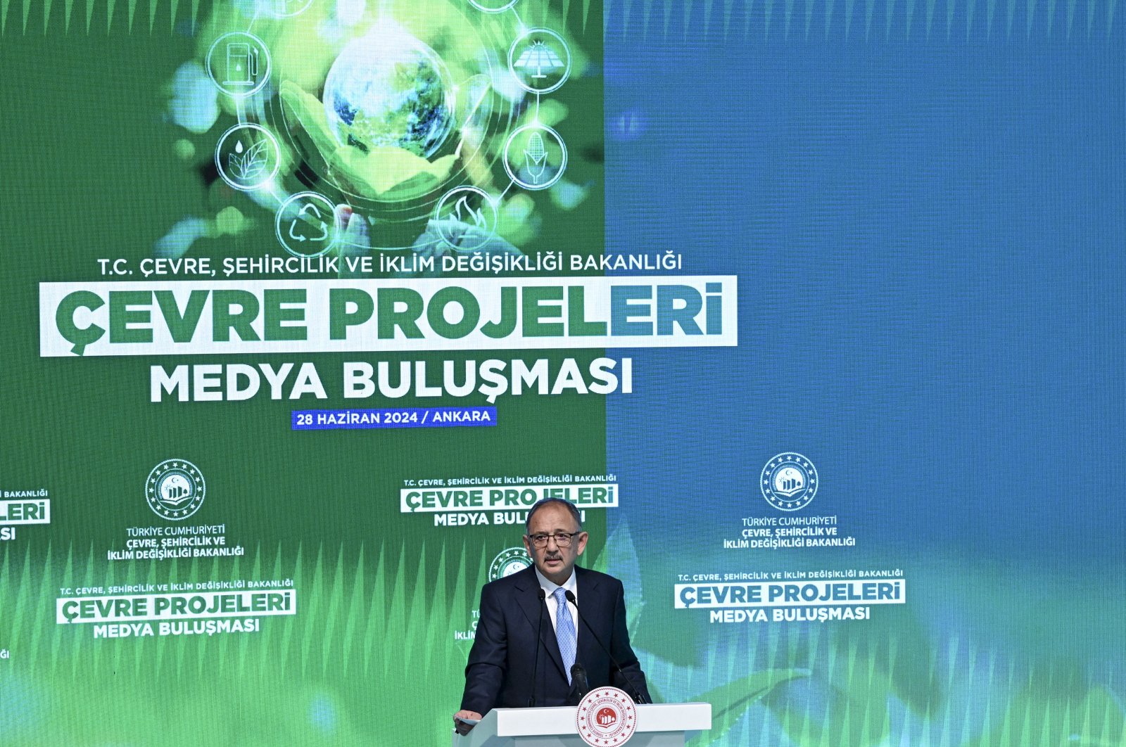 Environment, Urbanization and Climate Change Minister Mehmet Özhaseki speaks at an environmental conference, Ankara, Türkiye, June 28, 2024. (AA File Photo)