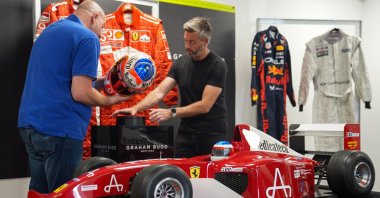 A 1:3 scale model of the F1 car that Michael Schumacher drove to his 2002 World Championship victory is going under the hammer at the U.K. motor racing track of Silverstone, U.K., July 1, 2024. (DPA Photo)