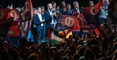 Former French MP, LFI party member Manuel Bompard (C) addresses a rally against far-right, Paris, France, June 30, 2024. (AFP Photo)