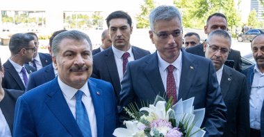 Newly appointed Health Minister Kemal Memişoğlu (R) arrives for a ceremony to take over the post from Fahrettin Koca (L), Ankara, Türkiye, July 2, 2024. (AA Photo)