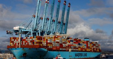 Containers are seen on the Maersk&#039;s Triple-E giant container ship Majestic Maersk, one of the world&#039;s largest container ships, next to cranes at the APM Terminals in the port of Algeciras, Spain, Jan. 20, 2023. (Reuters Photo)