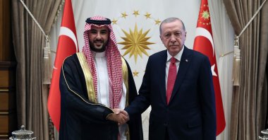 President Recep Tayyip Erdoğan receives Saudi Defense Minister Khalid bin Salman Al Saud (L) at the Presidential Complex, Ankara, Türkiye, July 2, 2024. (DHA Photo)