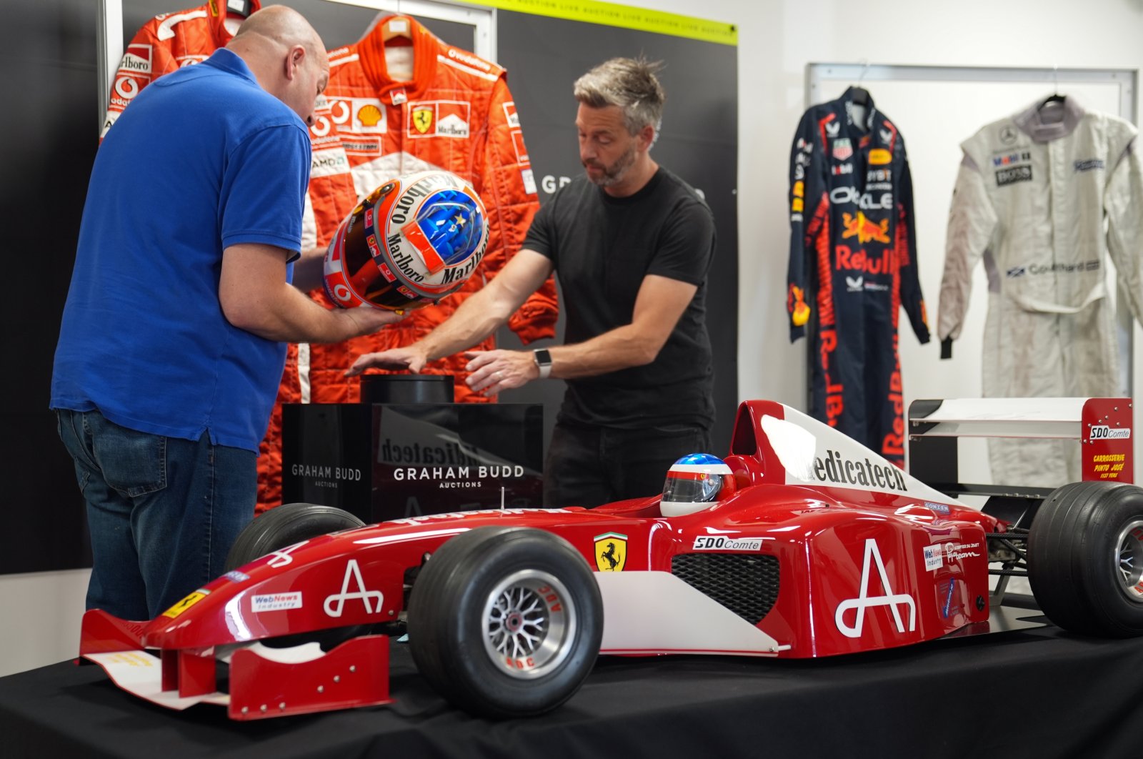 A 1:3 scale model of the F1 car that Michael Schumacher drove to his 2002 World Championship victory is going under the hammer at the U.K. motor racing track of Silverstone, U.K., July 1, 2024. (DPA Photo)