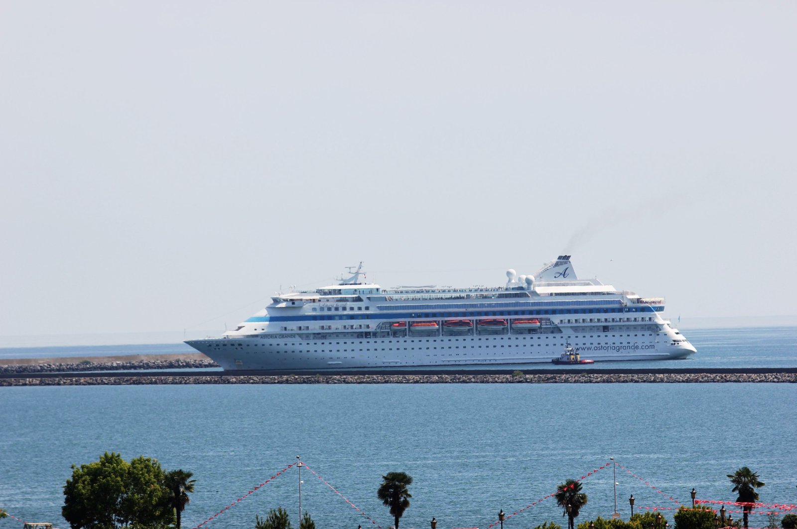 The cruise ship Astoria Grande carrying Russian tourists is photographed near the port in Samsun, northern Türkiye, June 20, 2024. (IHA Photo)