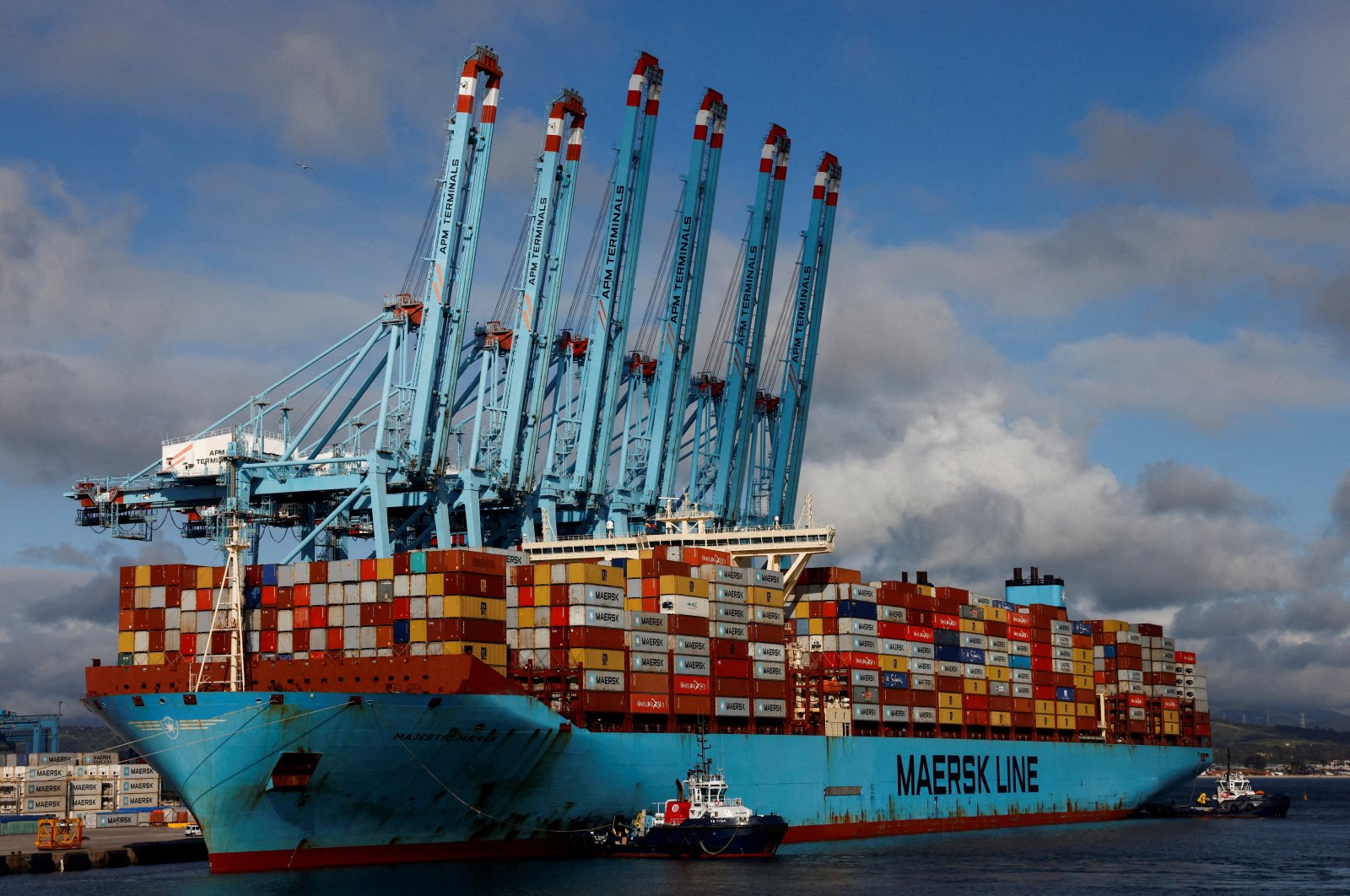 Containers are seen on the Maersk&#039;s Triple-E giant container ship Majestic Maersk, one of the world&#039;s largest container ships, next to cranes at the APM Terminals in the port of Algeciras, Spain, Jan. 20, 2023. (Reuters Photo)