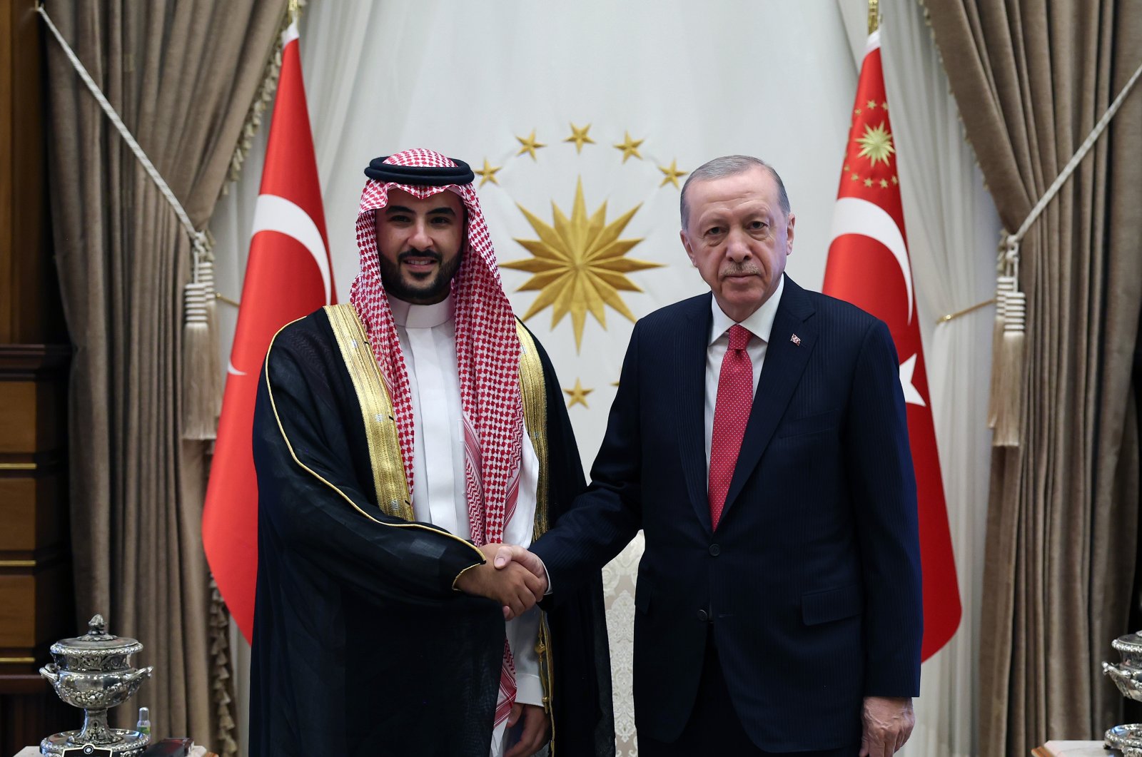 President Recep Tayyip Erdoğan receives Saudi Defense Minister Khalid bin Salman Al Saud (L) at the Presidential Complex, Ankara, Türkiye, July 2, 2024. (DHA Photo)