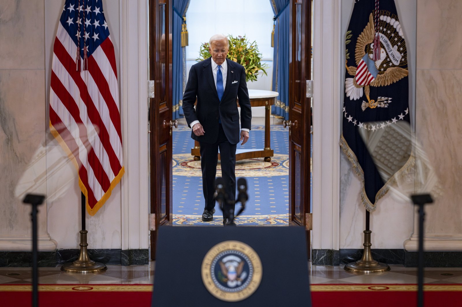 U.S. President Joe Biden walks from the Blue Room to deliver remarks about the U.S. Supreme Court Presidential Immunity ruling for the Trump vs. United States case at the White House in Washington, DC, US, July 1, 2024. (EPA Photo)
