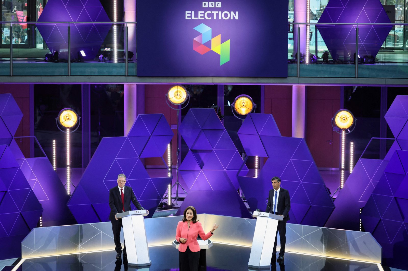 U.K. Labour Party leader Keir Starmer (L) and Britain&#039;s Prime Minister and Conservative Party leader Rishi Sunak (R) attend a live TV debate, hosted by The BBC, in Nottingham, Britain, June 26, 2024. (AFP Photo)