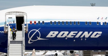 A Boeing logo is seen on a 777-9 aircraft on display during the 54th International Paris Airshow at Le Bourget Airport near Paris, France, June 18, 2023. (Reuters Photo)