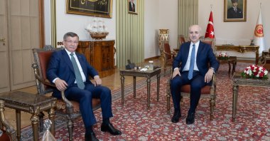 Parliament Speaker Numan Kurtulmuş (R) hosts Future Party (GP) Chair Ahmet Davutoğlu (L) at Parliament in the capital Ankara, Türkiye, July 3, 2024. (AA Photo)