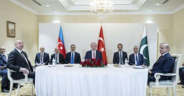 Turkish, Pakistani and Azerbaijani delegations led by Erdoğan, Aliyev and Sharif hold a meeting in Astana, July 3, 2024. (AA Photo)