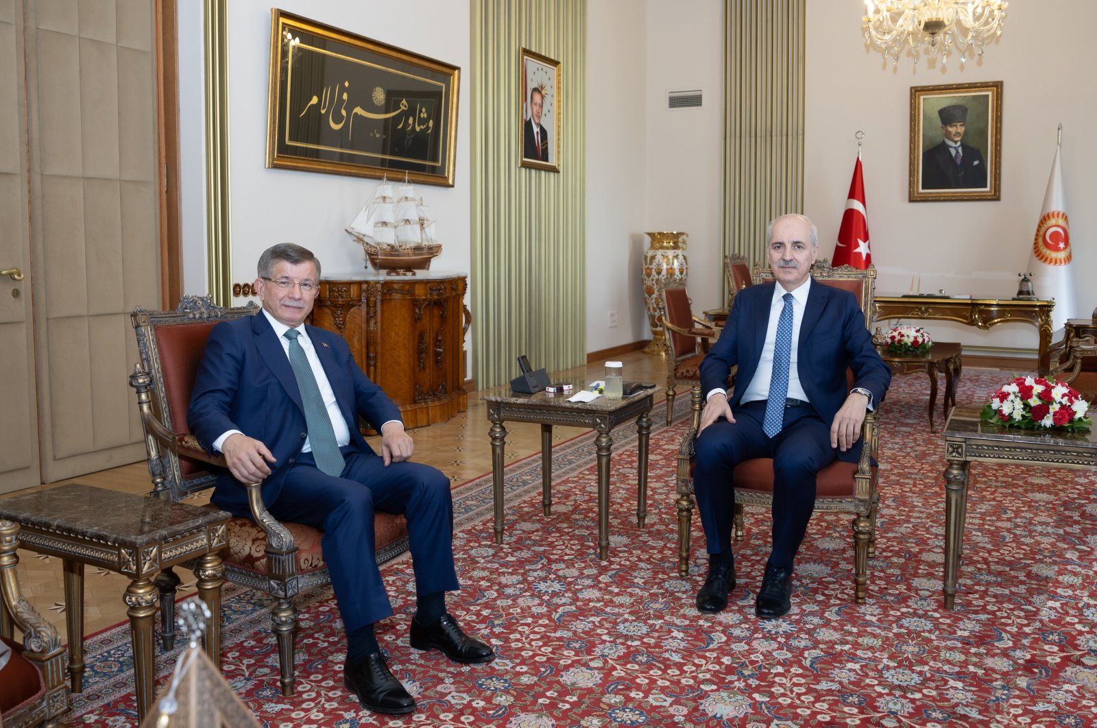 Parliament Speaker Numan Kurtulmuş (R) hosts Future Party (GP) Chair Ahmet Davutoğlu (L) at Parliament in the capital Ankara, Türkiye, July 3, 2024. (AA Photo)
