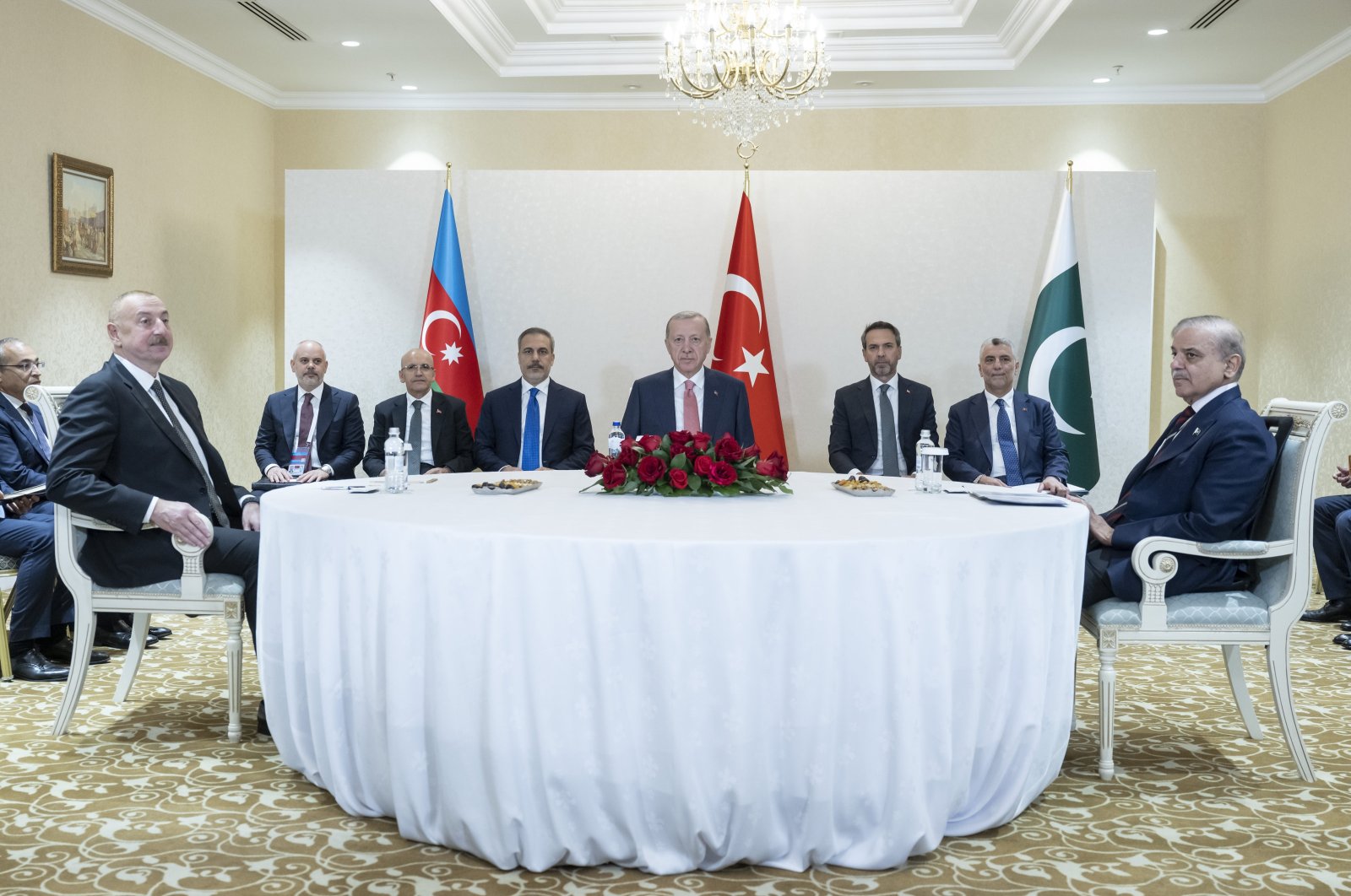 Turkish, Pakistani and Azerbaijani delegations led by Erdoğan, Aliyev and Sharif hold a meeting in Astana, July 3, 2024. (AA Photo)