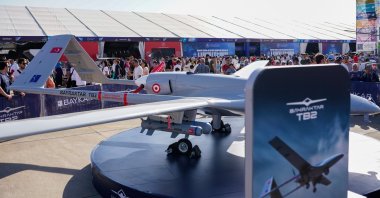 A medium-altitude long-range unmanned combat aerial vehicle, Bayraktar TB2, developed by Baykar, is exhibited at Türkiye&#039;s largest aerospace and tech festival Teknofest, Ankara, Türkiye, Aug. 30, 2023. (Reuters Photo)