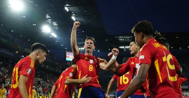 Spain players celebrate after the goal during the UEFA Euro 2024 round of 16 match against Georgia at Cologne Stadium, Cologne, Germany, June 30, 2024. (Getty Images Photo)