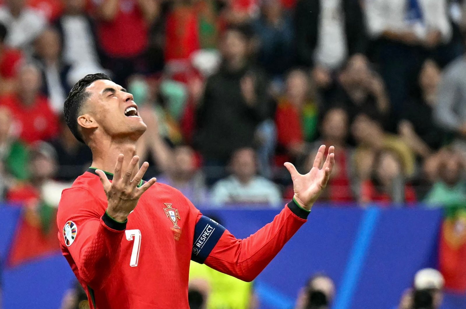 Portugal&#039;s Cristiano Ronaldo reacts during the UEFA Euro 2024 round of 16 football match between Portugal and Slovenia at the Frankfurt Arena, Frankfurt am Main, Germany, July 1, 2024. (AFP Photo)