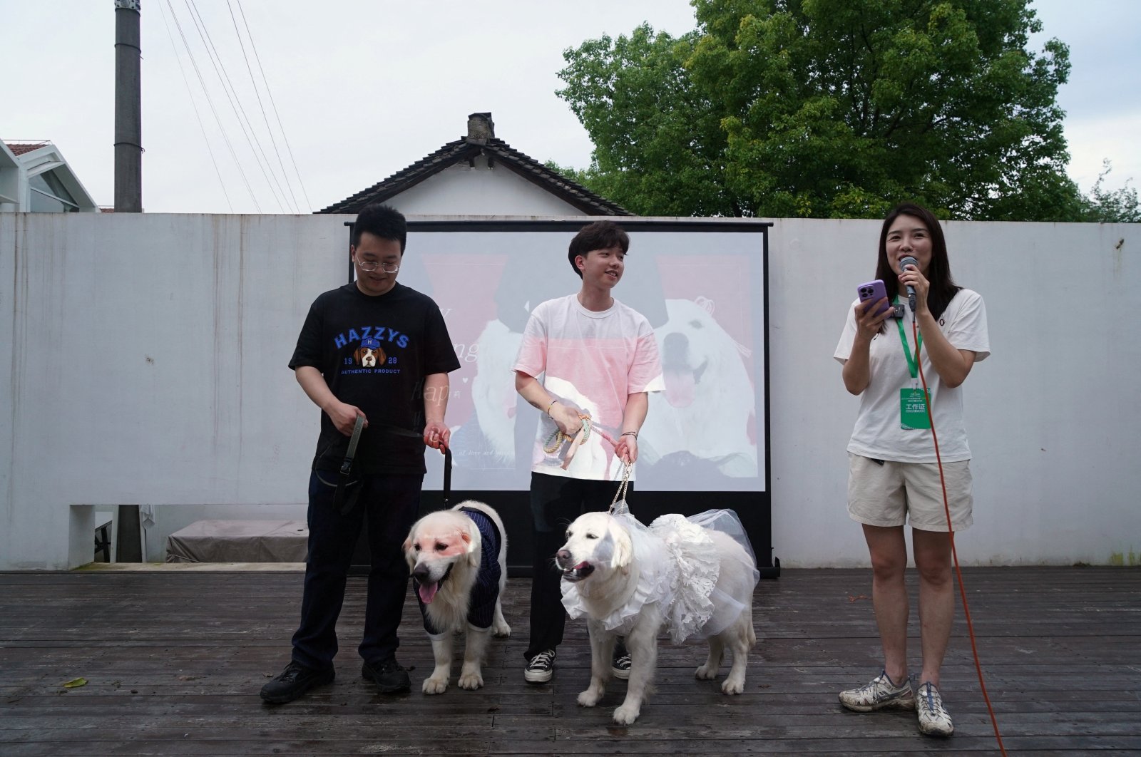 Dog owner Rye Ling stands on a stage alongside golden retrievers Bond and Bree as the dogs get married in Shanghai, China, June 29, 2024. (Reuters Photo)