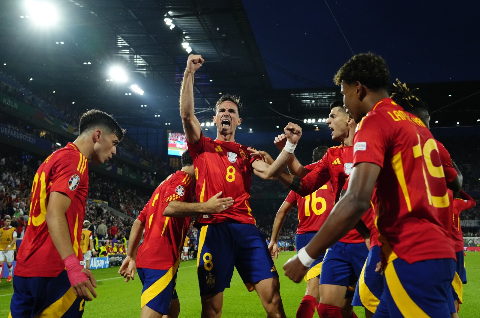 Spain players celebrate after the goal during the UEFA Euro 2024 round of 16 match against Georgia at Cologne Stadium, Cologne, Germany, June 30, 2024. (Getty Images Photo)