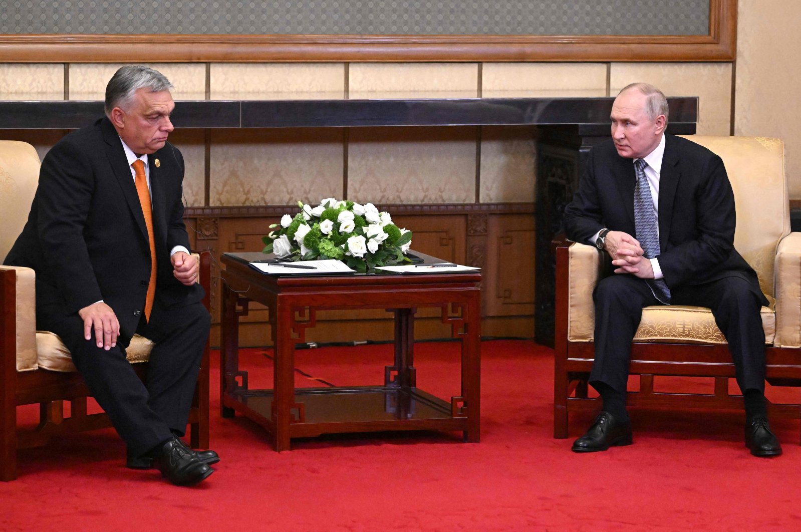 This pool photograph distributed by Russian state-owned agency Sputnik shows Russia&#039;s President Vladimir Putin meeting with Hungarian Prime Minister Viktor Orban on the sidelines of the Third Belt and Road Forum in Beijing, China, Oct. 17, 2023. (AFP File Photo)