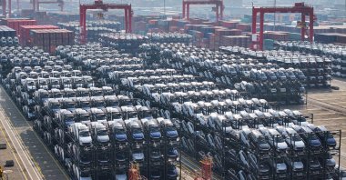 BYD electric cars waiting to be loaded onto a ship are seen stacked at the international container terminal of Taicang Port in Suzhou, in eastern Jiangsu province, China, Feb. 8, 2024. (AFP Photo)