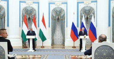 Hungarian Prime Minister Viktor Orban and Russian President Vladimir Putin (C-R) attend a joint news conference after their negotiation at the Kremlin in Moscow, Russia, July 5, 2024. (Kremlin pool photo via EPA)