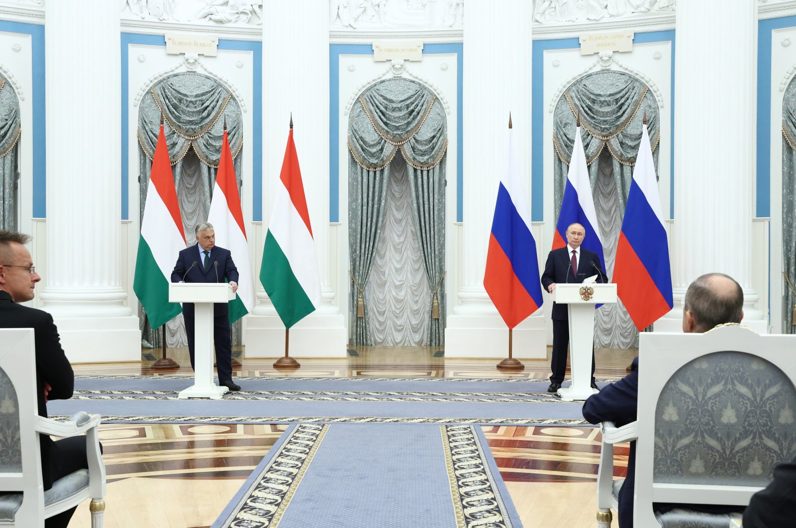 Hungarian Prime Minister Viktor Orban and Russian President Vladimir Putin (C-R) attend a joint news conference after their negotiation at the Kremlin in Moscow, Russia, July 5, 2024. (Kremlin pool photo via EPA)