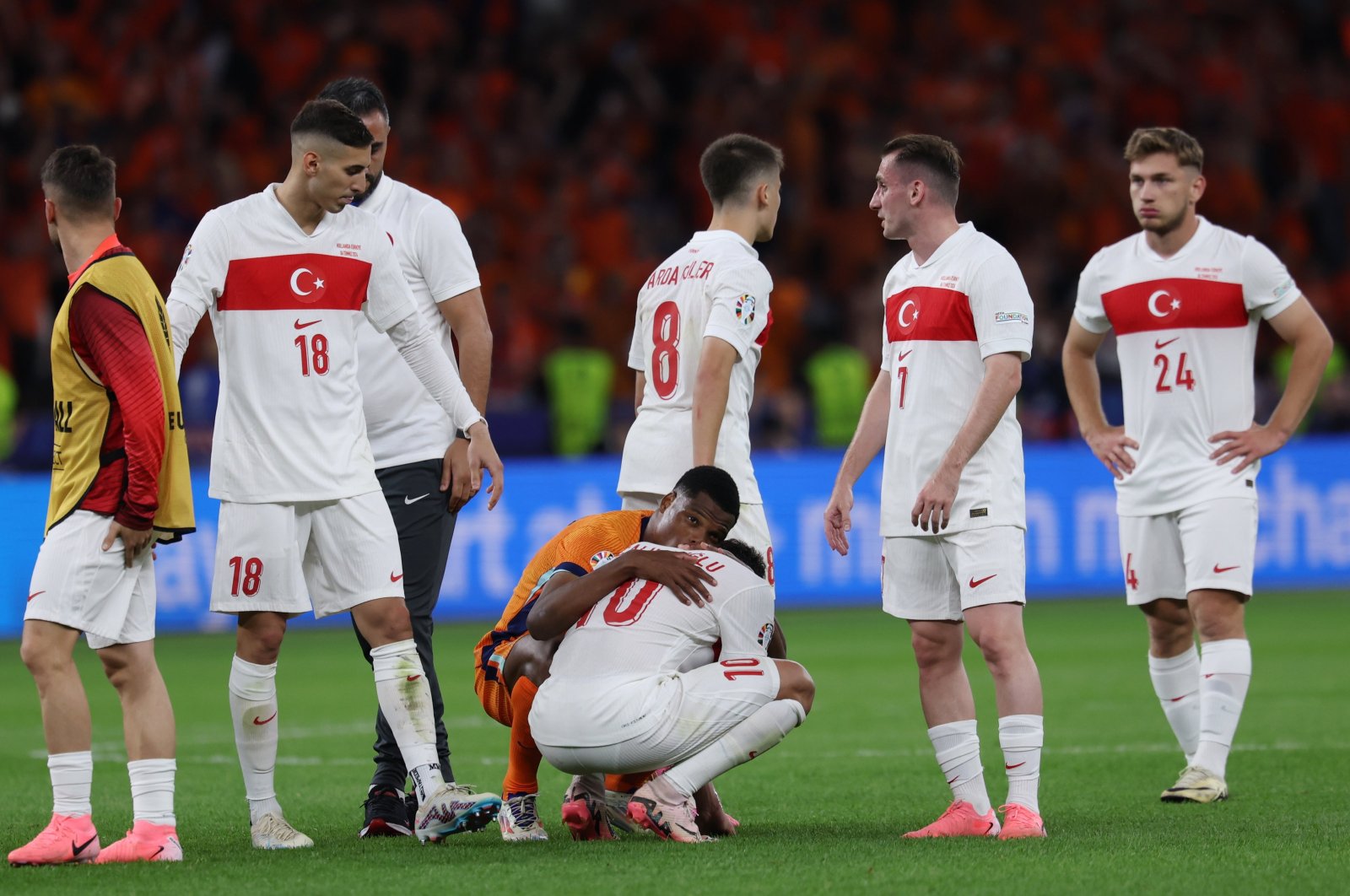 Türkiye&#039;s players look dejected after the Euro 2024 match against the Netherlands, Berlin, Germany, July 6, 2024. (EPA Photo)