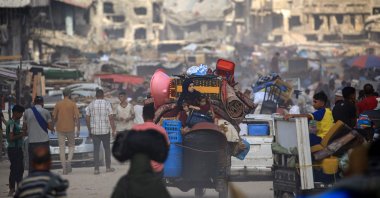 Displaced Palestinians from areas in east Khan Younis arrive in the city as they flee after the Israeli army issued a new evacuation order for parts of the city and Rafah, in the southern Gaza Strip, Palestine, July 2, 2024. (AFP Photo)